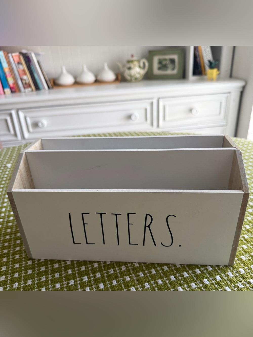 Rae Dunn White Wooden Mail Sorter with 'LETTERS' printed on front